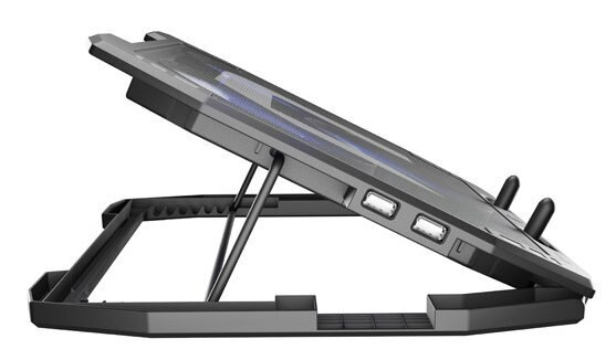 Podkładka chłodząca do laptopa, czarna, ze skośną podstawką i dwoma portami USB.