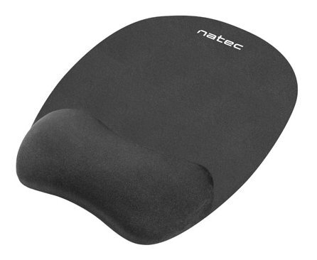 Czarna, ergonomiczna podkładka pod mysz z podpórką pod nadgarstek. Widnieje na niej nazwa "natec".