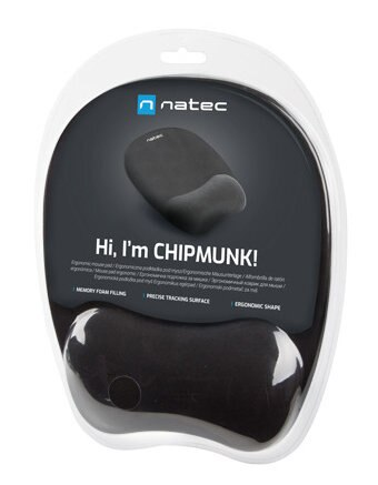 Czarna podkładka pod mysz z podpórką pod nadgarstek. W plastikowym opakowaniu. Tekst: Cześć, jestem CHIPMUNK!