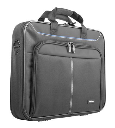 Czarna torba na laptopa z uchwytem i paskiem na ramię. Białe szwy, przednia kieszeń i srebrny zamek błyskawiczny.