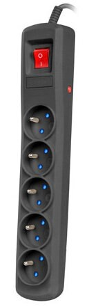 Czarny przedłużacz z 5 gniazdami, czerwonym przełącznikiem i niebieskimi światłami.
