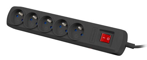 Ciemnoszara listwa zasilająca z sześcioma gniazdami i czerwonym włącznikiem/wyłącznikiem.