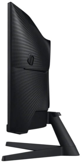 Widok z boku czarnego monitora do gier. Widoczna podstawa i tył na białym tle.