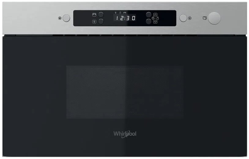 Wbudowana kuchenka mikrofalowa, czarny front, z wyświetlaczem cyfrowym i przyciskami.