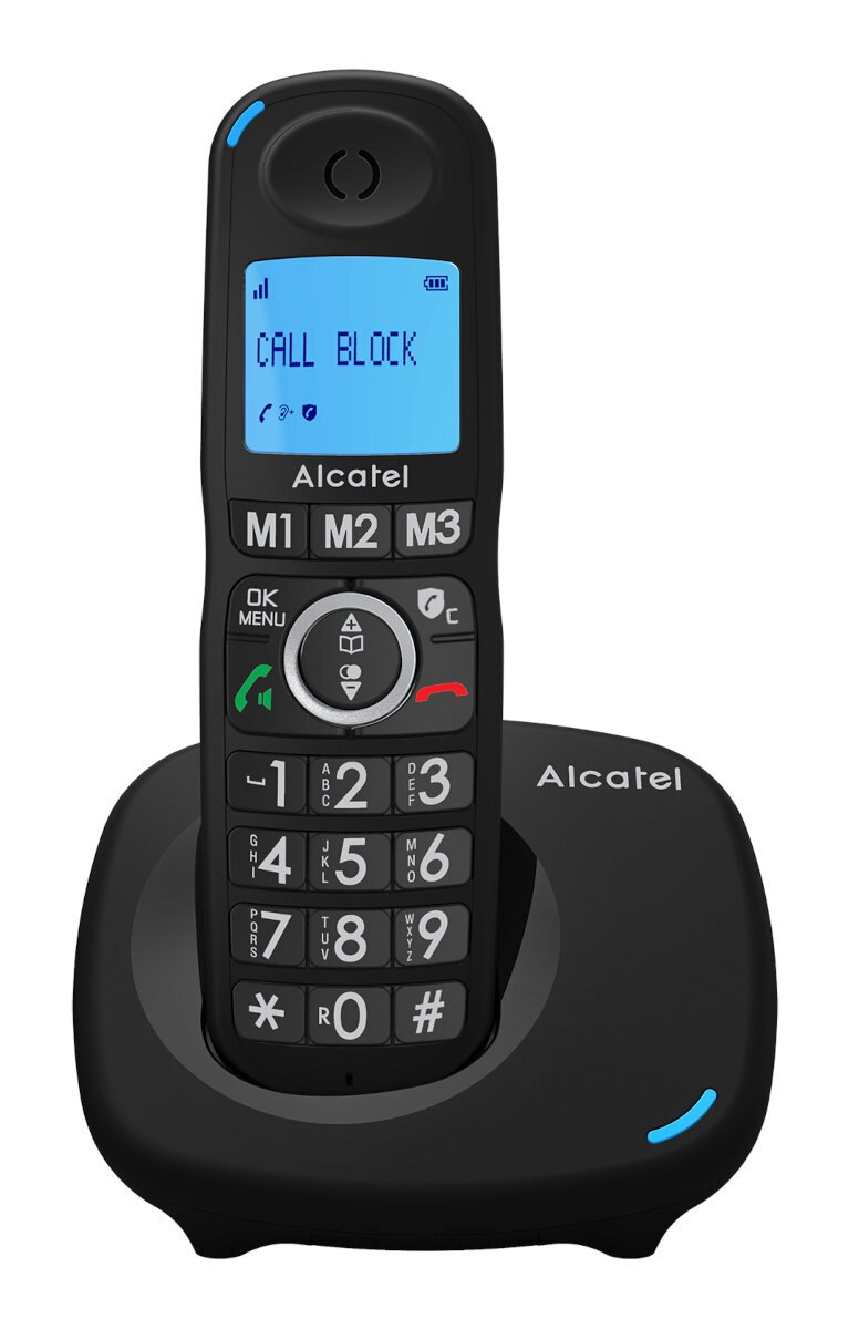 Czarny telefon bezprzewodowy Alcatel z bazą. Ekran wyświetla 'CALL BLOCK'.