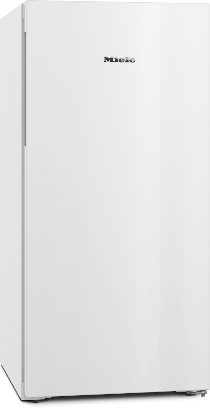 Ein weißer Miele Kühlschrank mit aufgesetztem Logo.