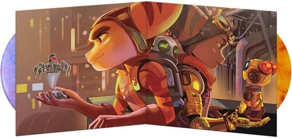 Zwei Charaktere aus einem Spiel auf einem Vinyl-Schallplattencover mit Robotern und einer Stadtlandschaft.