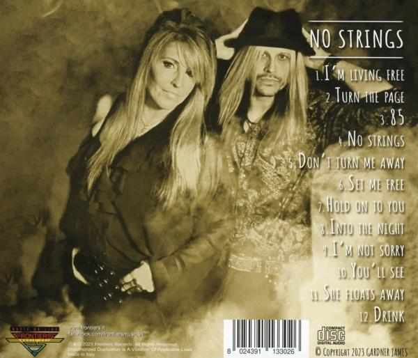 Albumcover: zwei Personen, Text 'No Strings', Songtitel, Frontiers Records.