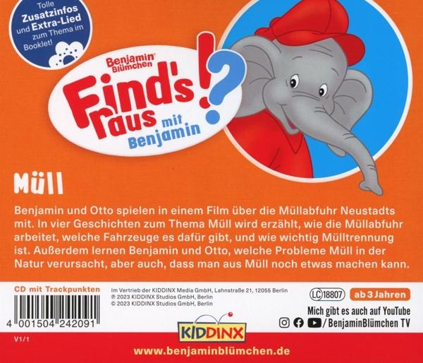 Rückseite einer CD-Hülle mit einem Zeichentrick-Elefanten und Text auf Deutsch über Müll.