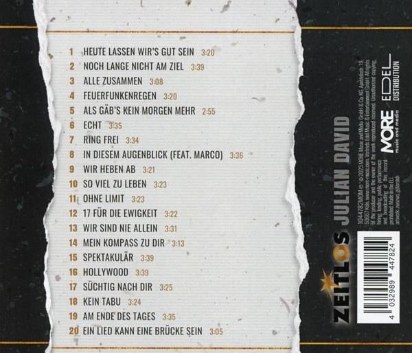 CD-Cover mit Trackliste; Text auf Deutsch; Albumtitel ist Zeitlos von Julian David.