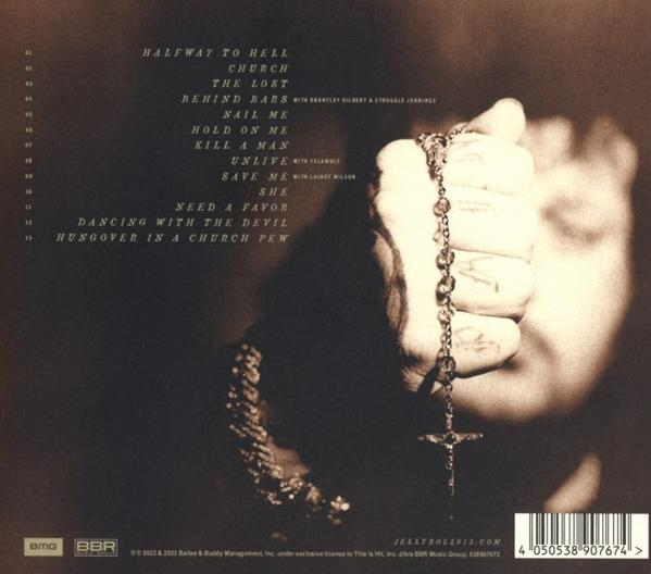 Albumcover mit Songtiteln. Hand hält Rosenkranz mit Kreuz.