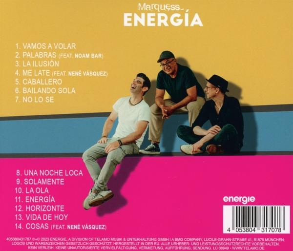 Albumcover mit drei Männern, Trackliste und dem Wort 'Energía' auf rosa und gelbem Hintergrund.