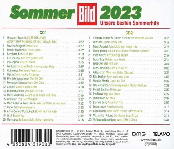 Ein CD-Case mit einer Titelliste namens 'Sommer Bild 2023' mit BMG-Logo und Copyright-Informationen.