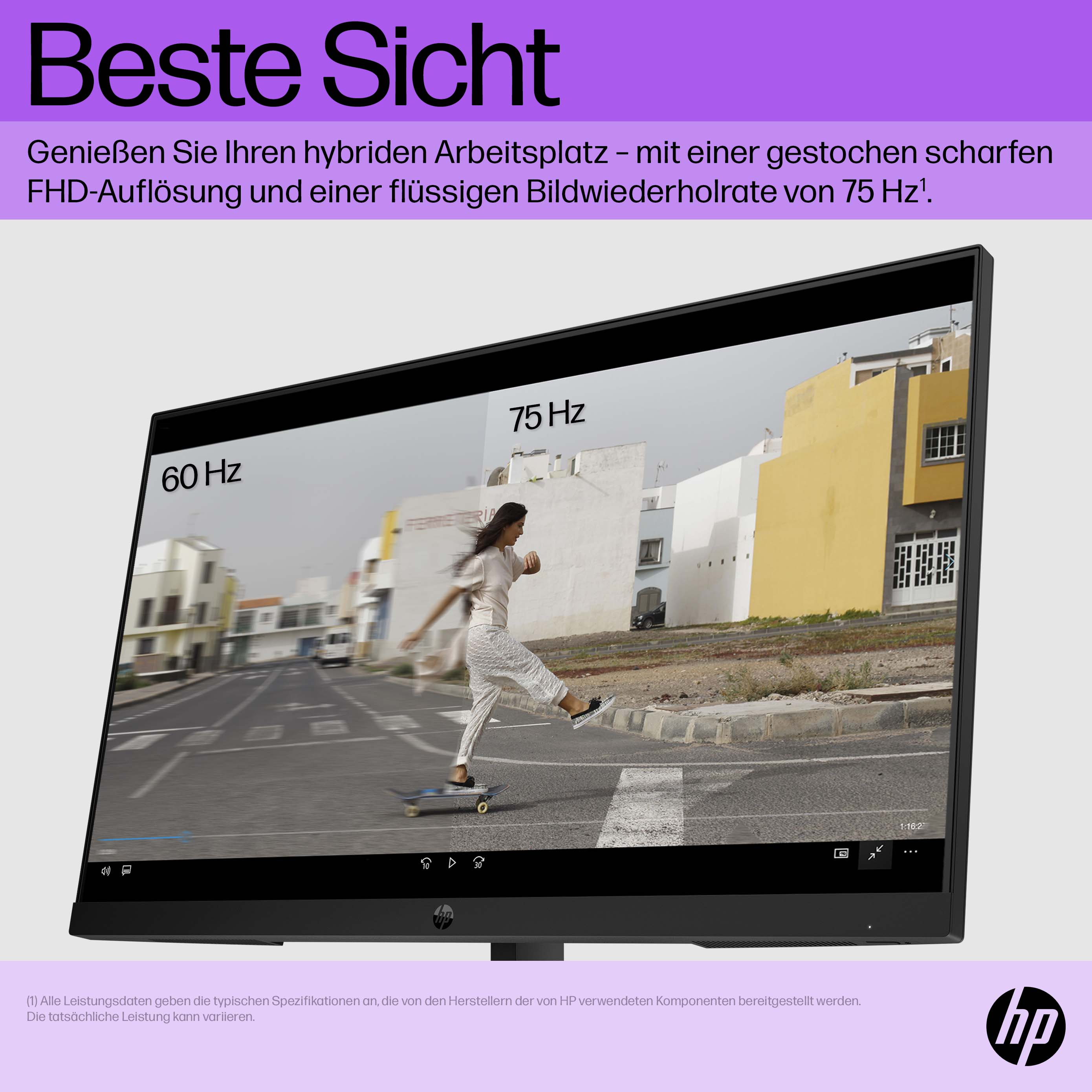 Ein Monitor zeigt eine Frau auf einem Skateboard. Der Bildschirm zeigt 60 und 75 Hz.