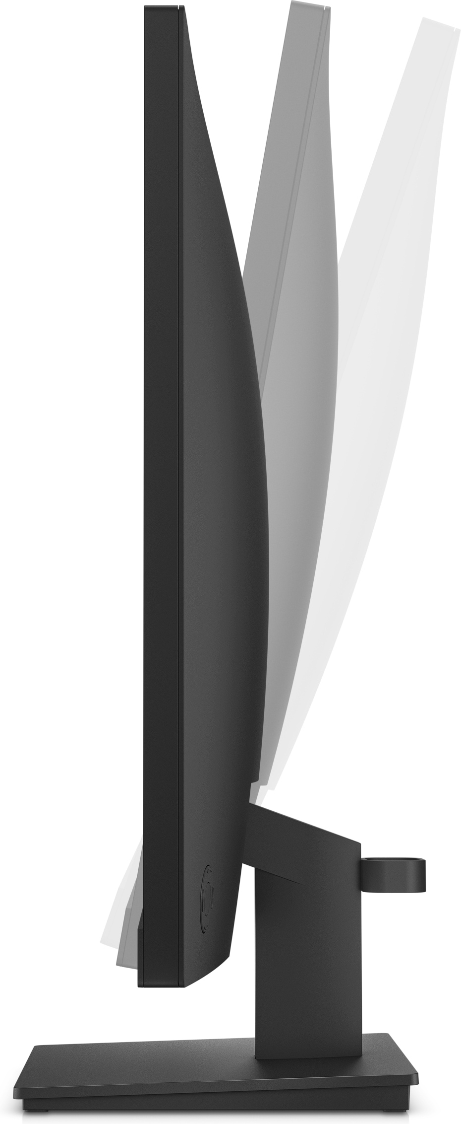 Ein schwarzer Computermonitor von der Seite betrachtet. Geisterbilder zeigen die Neigefunktion des Monitors.