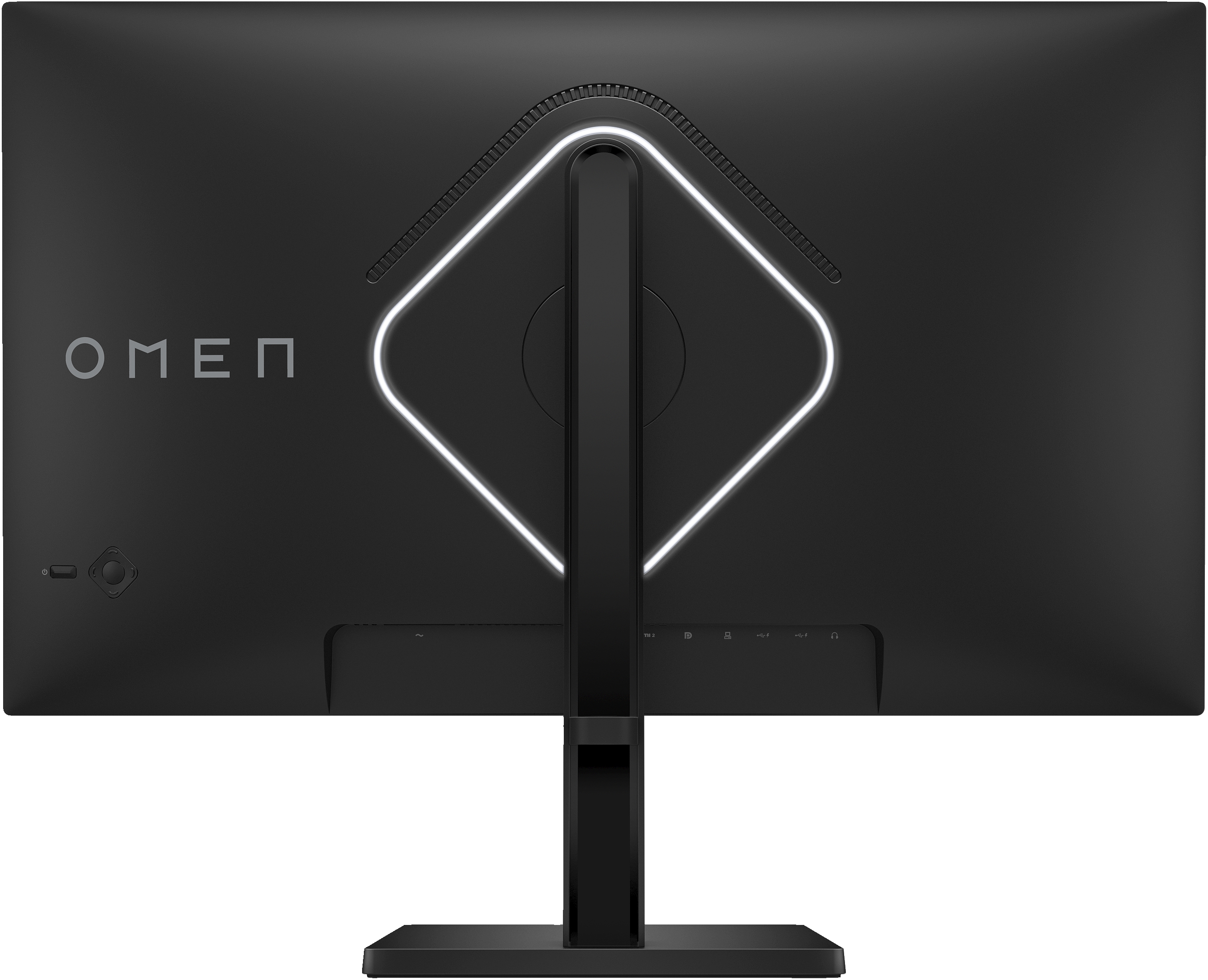 Back view of a black OMEN gaming monitor with a stand and logo.