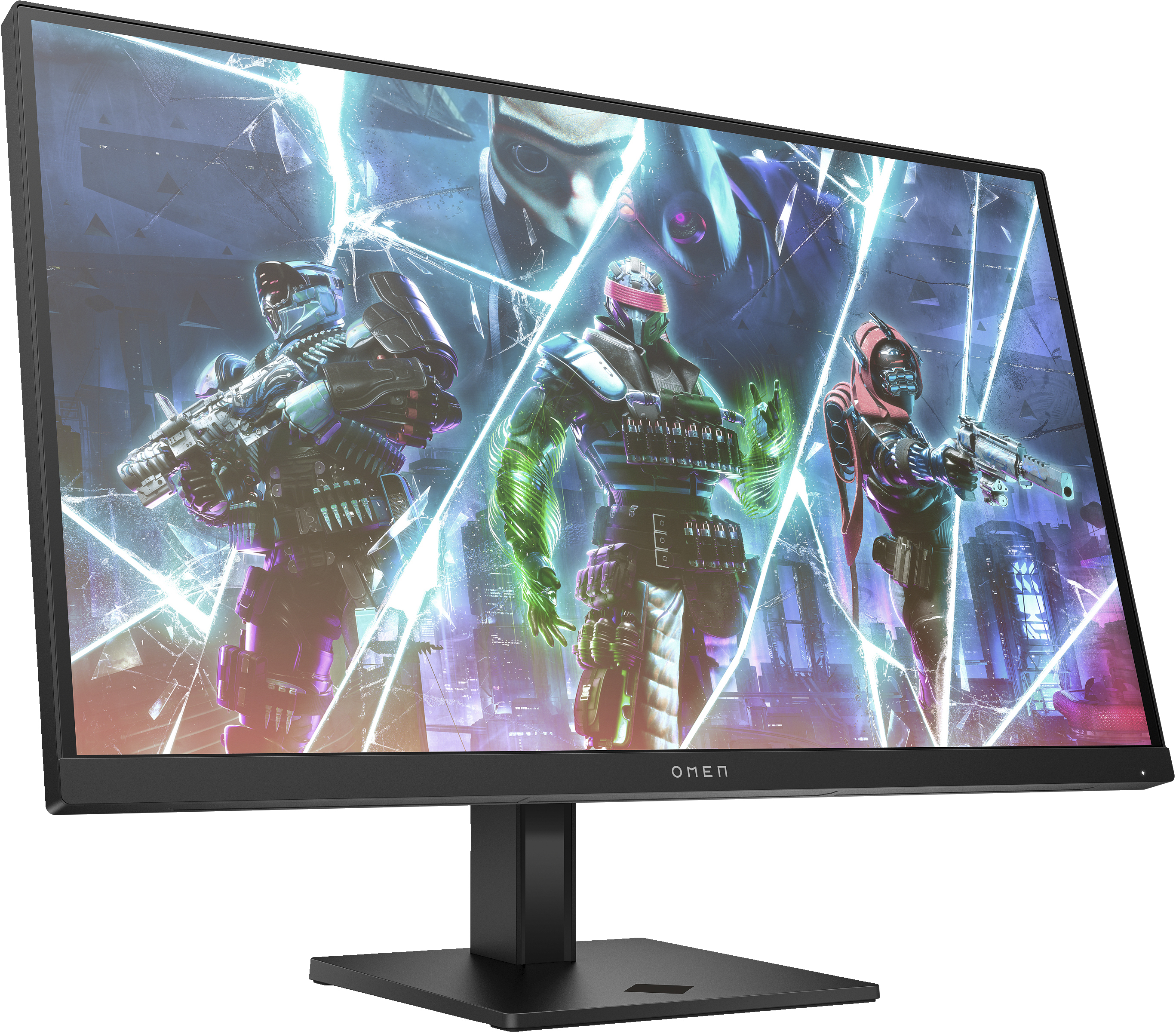 A gaming monitor with a display of characters holding weapons.