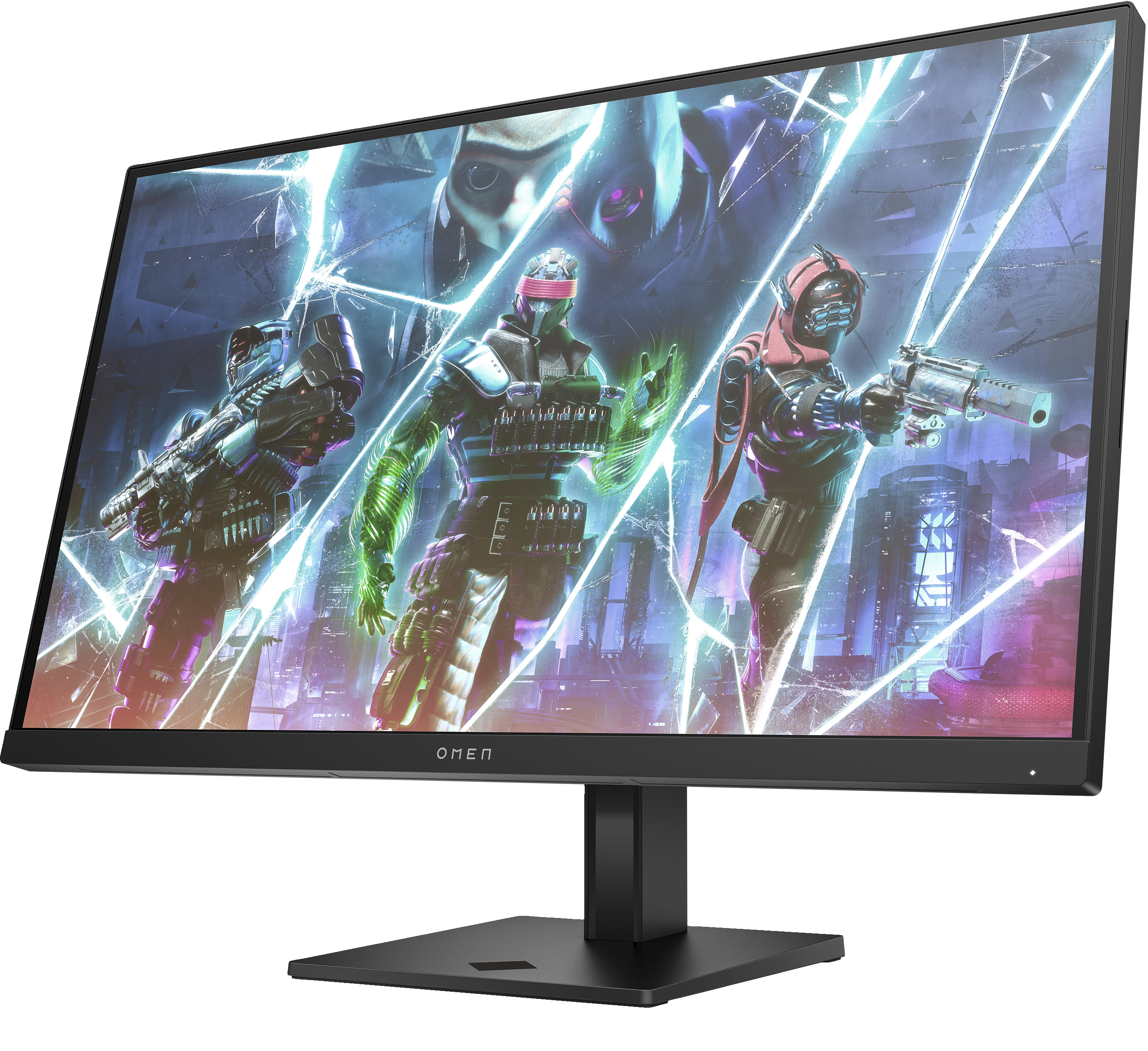 Gaming monitor showing a game scene with characters holding guns.