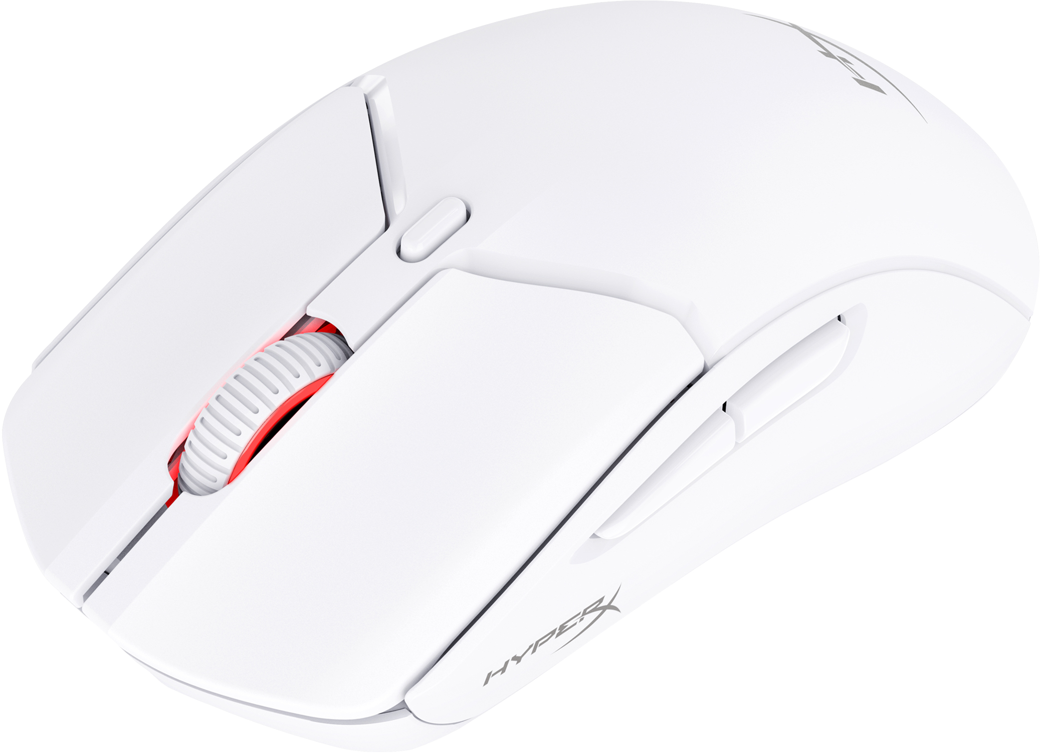 A white gaming mouse with a red scroll wheel and two side buttons.