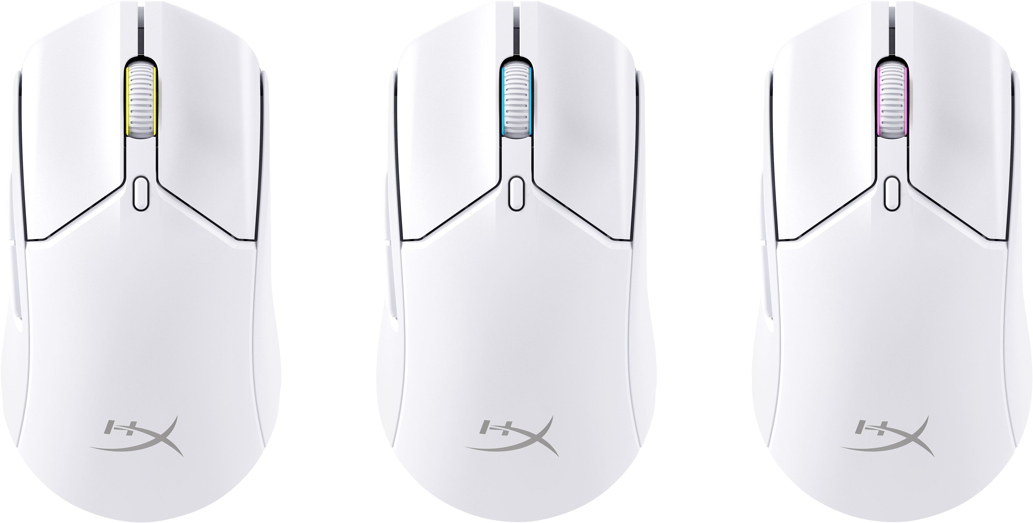 Three white computer mice with different colored scroll wheel lights: yellow, blue, and purple.