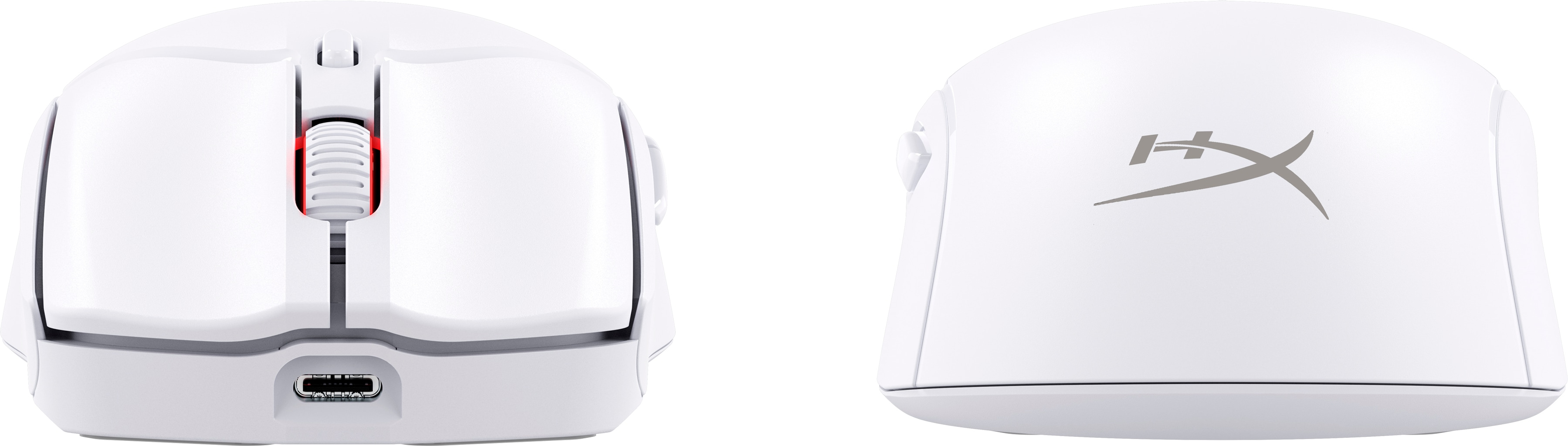 White gaming mouse from two angles. Shows scroll wheel, buttons, and logo.