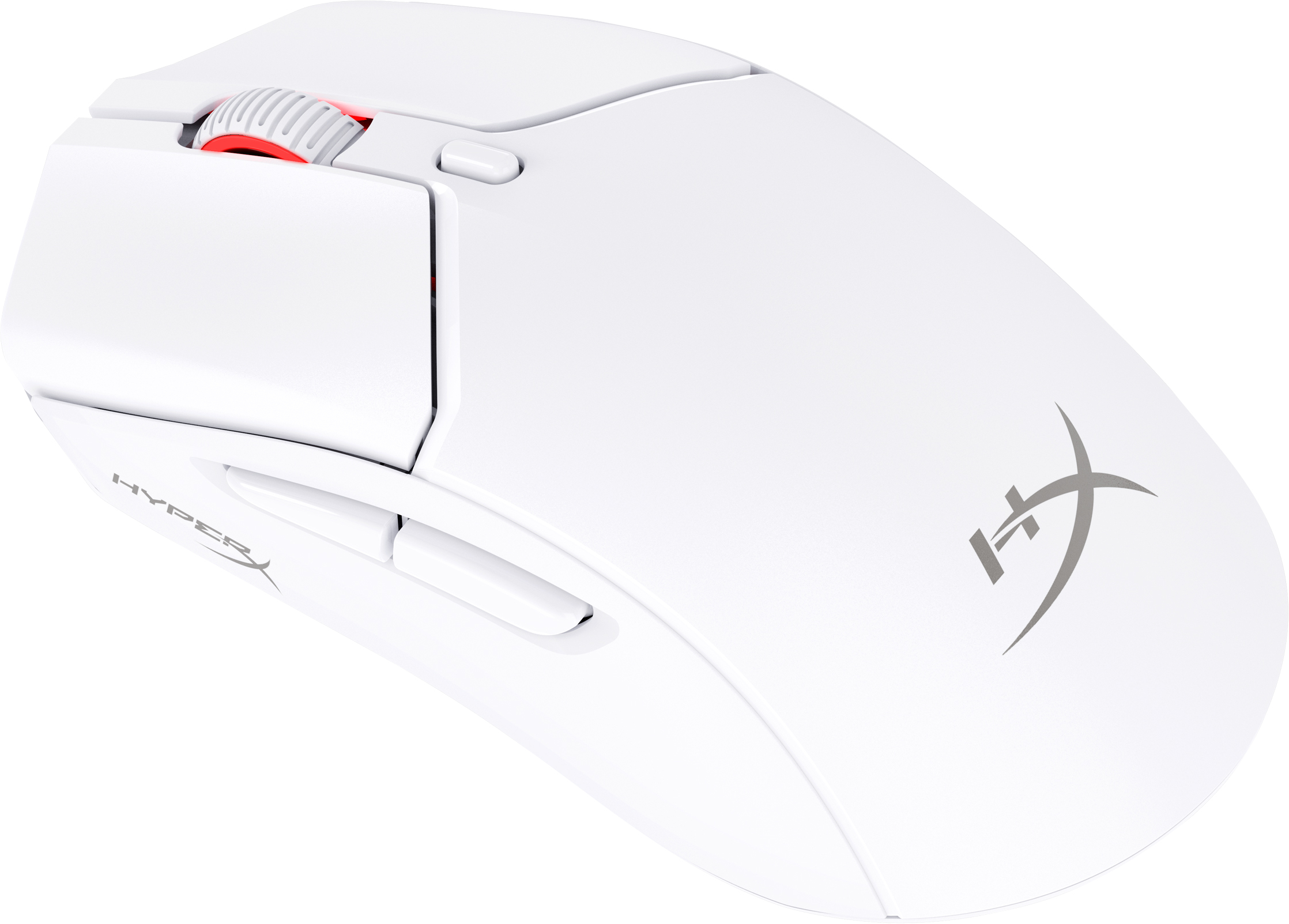 White HyperX gaming mouse with red scroll wheel. HyperX logo is visible.
