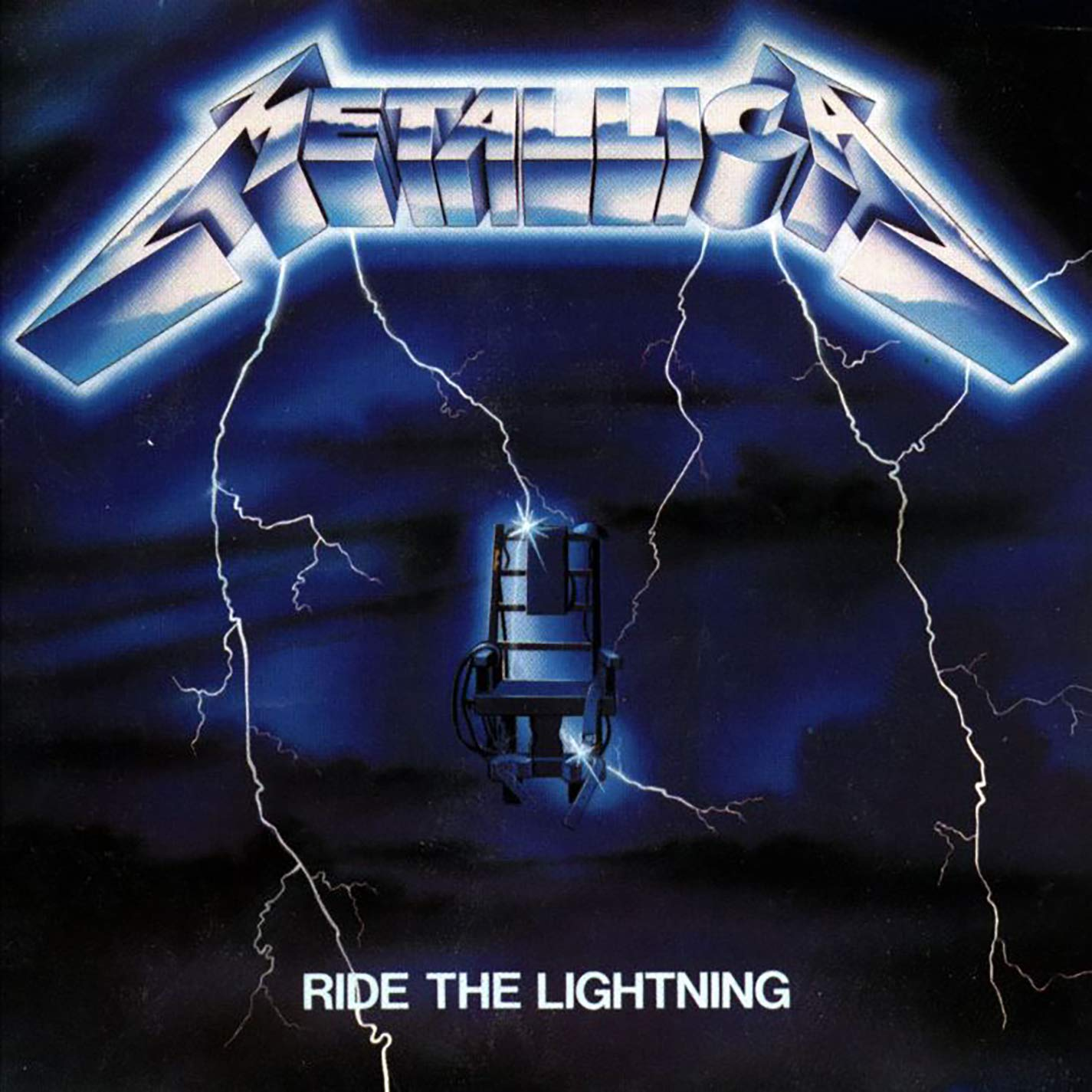 Metallica album borító. Elektromos szék villámokkal. Sötétkék háttér.