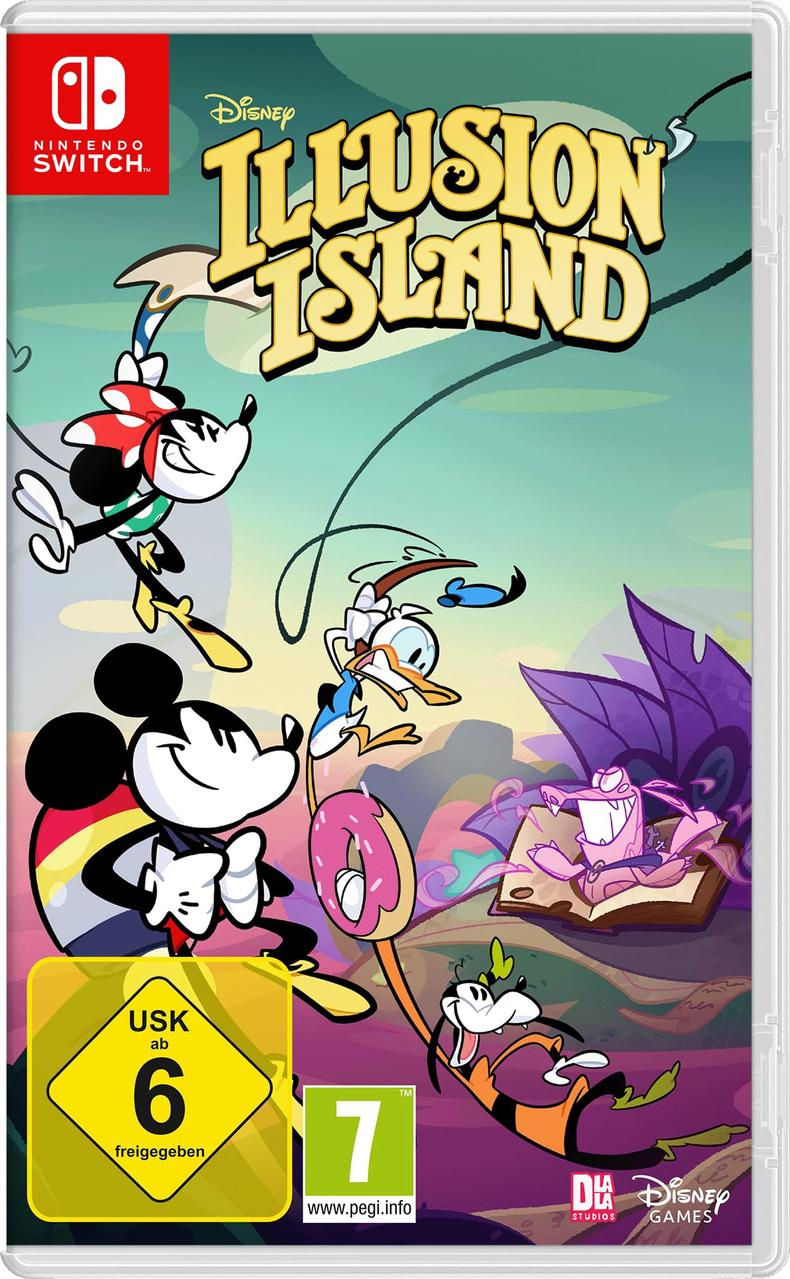 Nintendo Switch Spielbox: Micky Maus, Donald Duck, Goofy und andere. Titel: „Illusion Island“.
