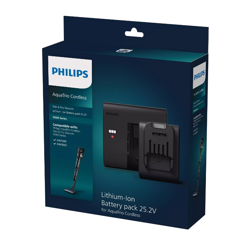 Bir Philips AquaTrio Cordless pil paketi kutusu. Bir elektrikli süpürge ve bir şarj cihazı içerir.