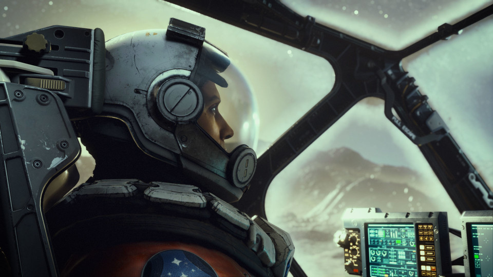 Ein Astronaut in einem Raumschiff-Cockpit, der auf eine schneebedeckte Berglandschaft blickt.