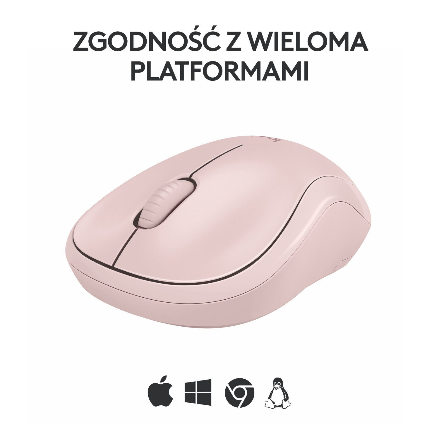 Różowa mysz bezprzewodowa z kółkiem przewijania, ikony platform poniżej. Mysz jest biała.