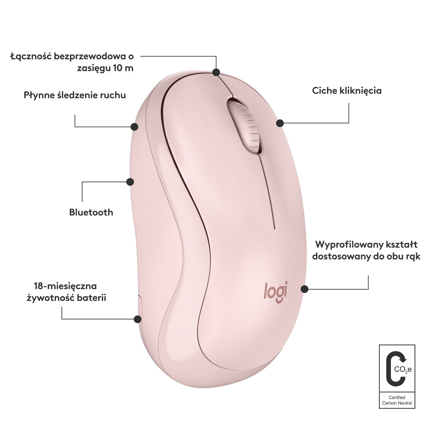 Różowa mysz z etykietami wskazującymi funkcje: Bluetooth, płynne śledzenie, ciche kliknięcia i długa żywotność baterii.