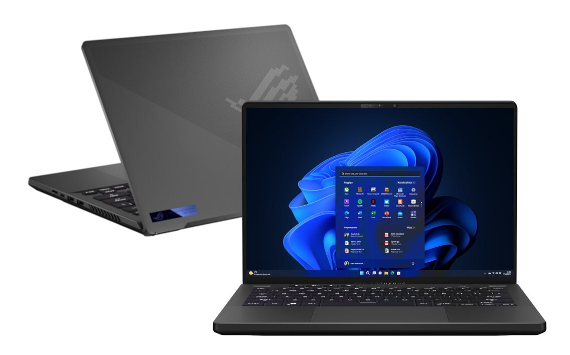 Dwa laptopy obok siebie. Jeden wyświetla interfejs Windows 11, drugi widoczny z tyłu.