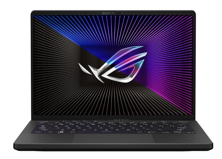 Czarny laptop z podświetlaną klawiaturą, kolorowy ekran. Logo ROG na ekranie, ciemne tło.