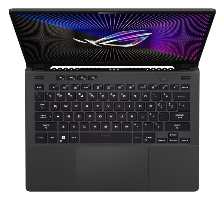 Klawiatura laptopa, widok z góry. Ekran wyświetla kolorową grafikę z logo ROG.