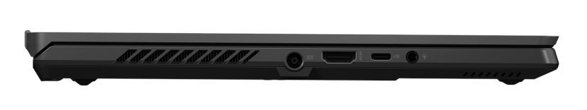 Widok z boku czarnego laptopa z widocznymi portami: zasilanie, HDMI, USB i audio. Białe tło.