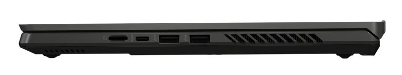 Widok z boku ciemnoszarego laptopa z portami i otworami wentylacyjnymi.