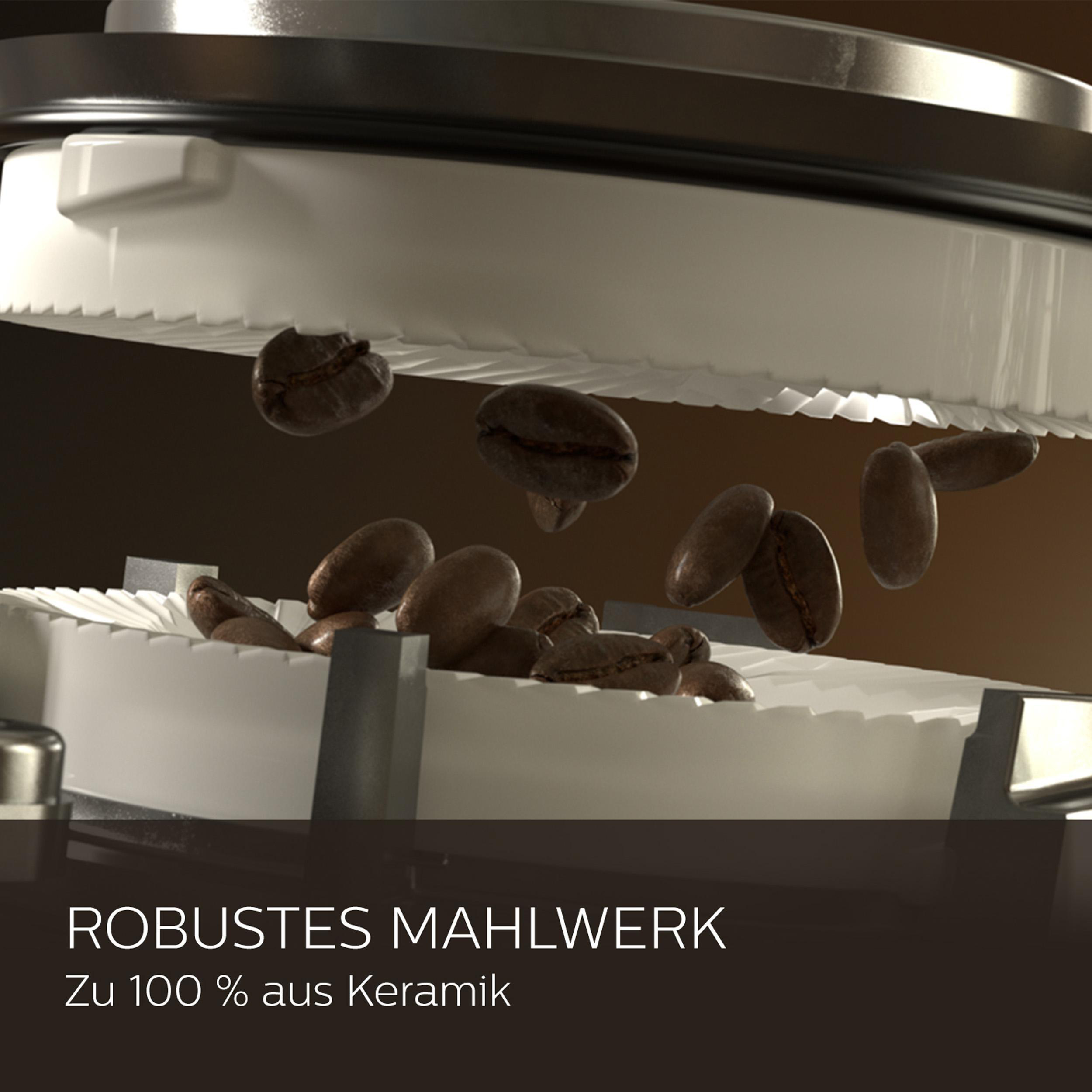 Nahaufnahme von Kaffeebohnen in einem Mahlwerk, weißes Innere und Text: ROBUSTES MAHLWERK, 100% Keramik.