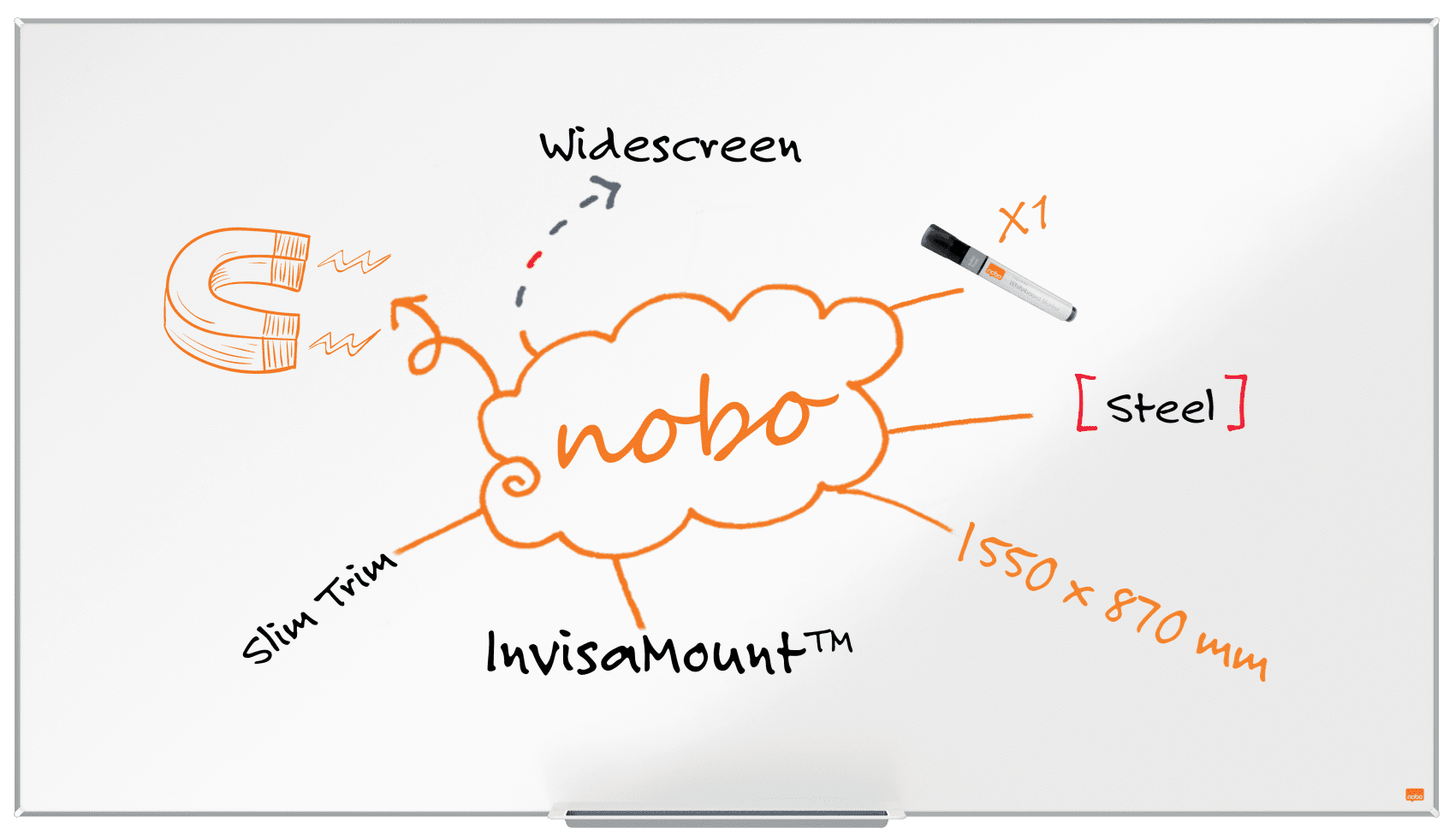 NOBO Impression Pro széles képarányú acél mágneses fehértábla, 1550x870mm, fehér (1915256)