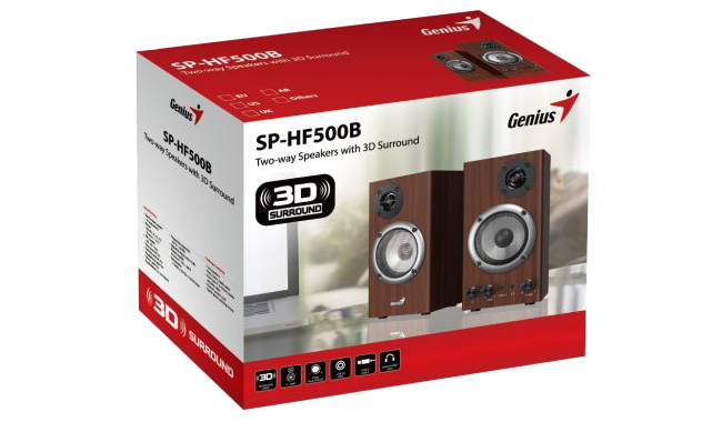 Genius SP-HF500B hangszórók doboza, a hangszórók képével és 3D surround hangzásról szóló szöveggel.
