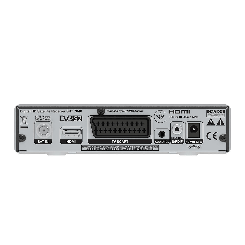 Rückseite eines digitalen Satellitenreceivers mit Anschlüssen wie HDMI, SAT IN usw.