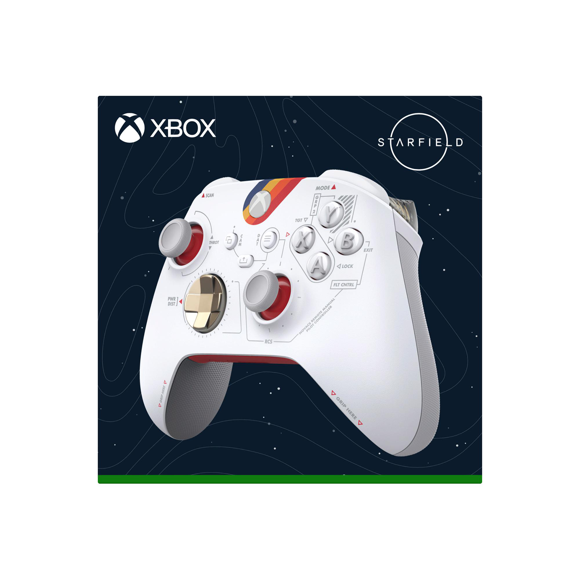 Weißer Xbox Starfield Controller. Hat farbige Tasten, rote Joysticks und ein goldenes Steuerkreuz. Dunkelblauer Hintergrund.