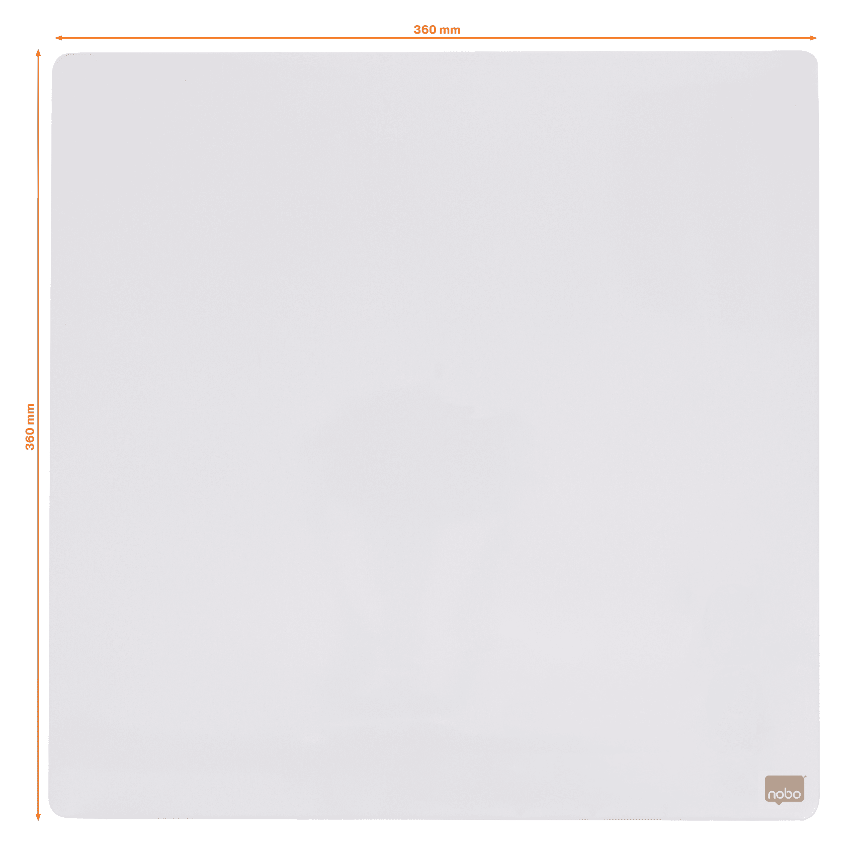 Egy fehér négyzet alakú szőnyeg lekerekített sarkokkal, a jobb alsó sarokban 'nobo' felirattal. Méretek 360mm x 360mm.