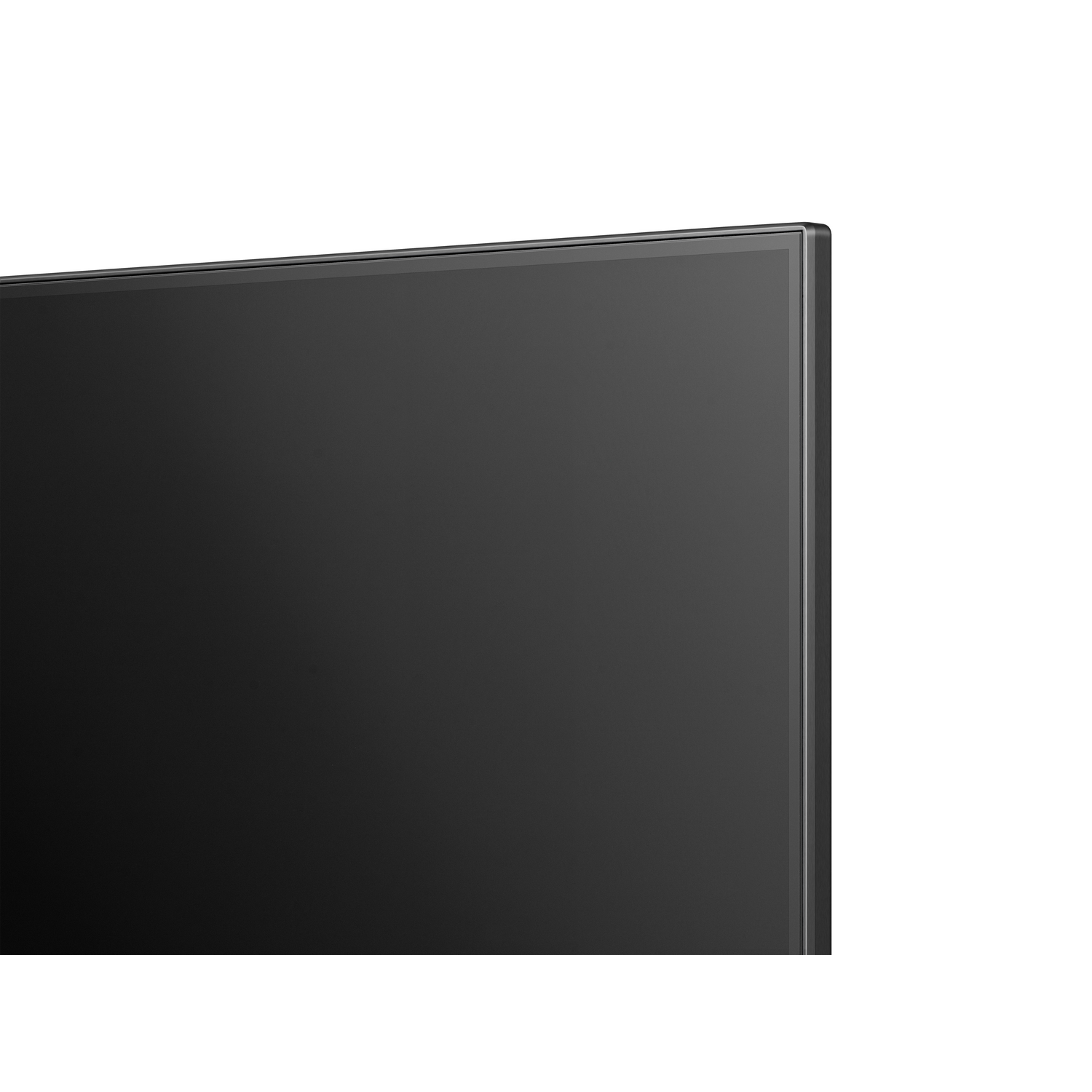 Close-up van een zwart tv-scherm met een dun, donker frame op een witte achtergrond.