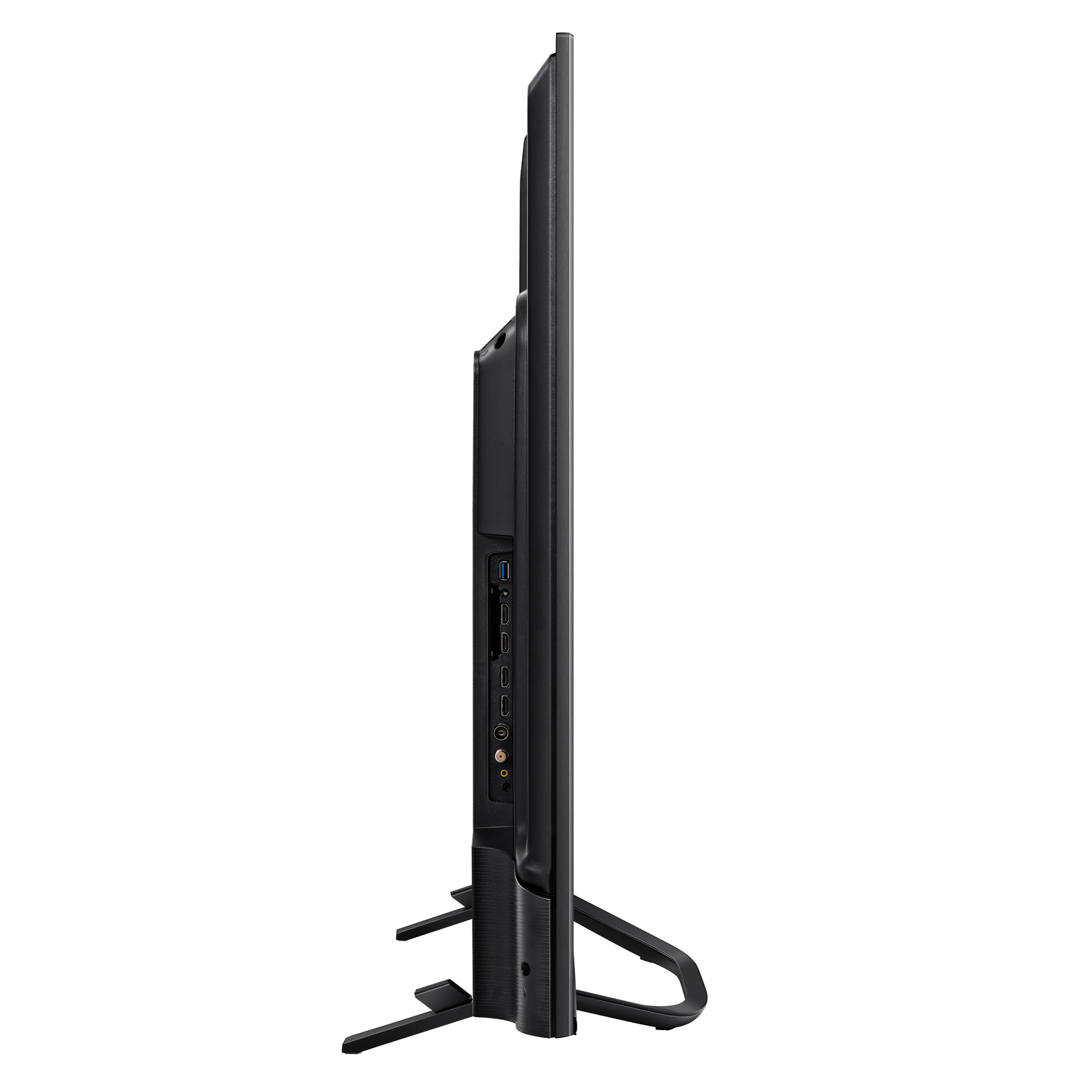 Tv, zijaanzicht. Zwart frame, meerdere poorten zichtbaar, op een standaard.