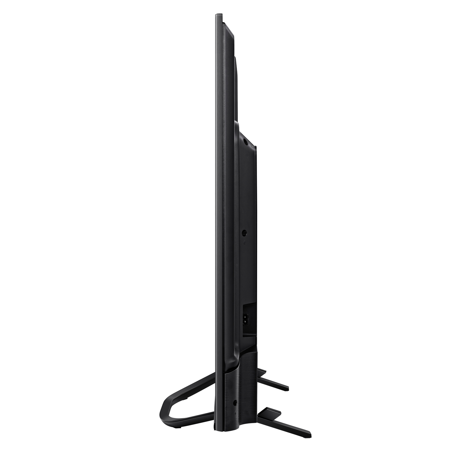 Een zwarte tv met een standaard, van opzij gezien. Witte achtergrond.
