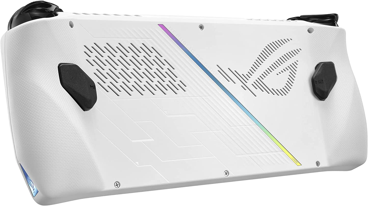 Console de jeu portable blanche avec boutons et aérations visibles. Le dos a un logo.