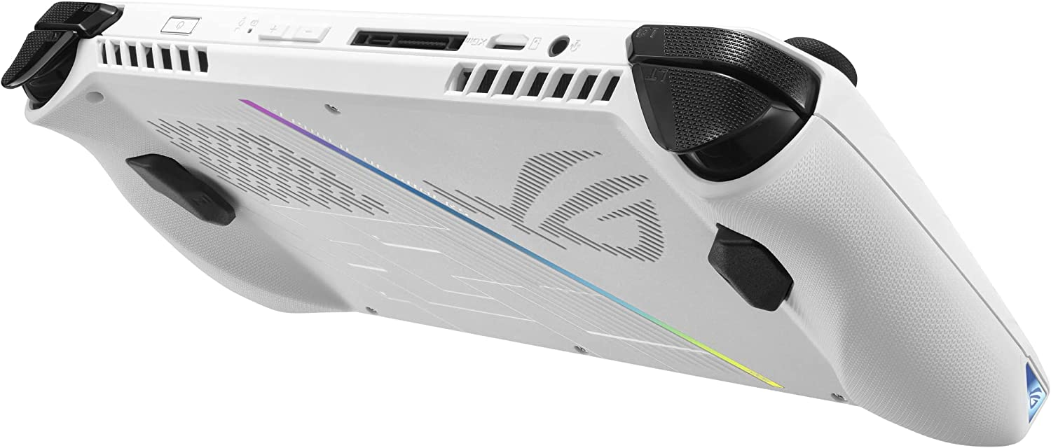 Appareil de jeu portable blanc, vue en angle. Comprend des boutons et des ventilations.