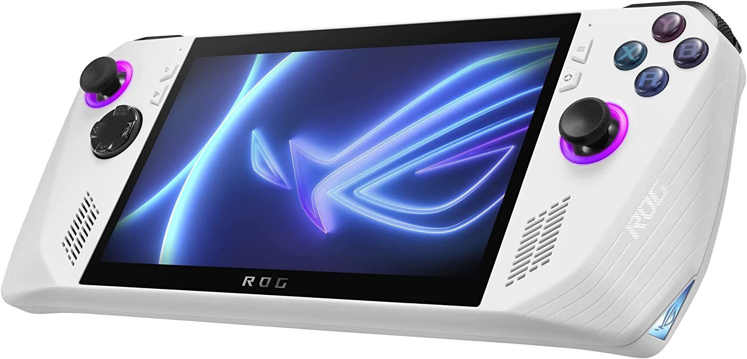 Appareil de jeu portable blanc avec écran et boutons. Logo ROG visible.