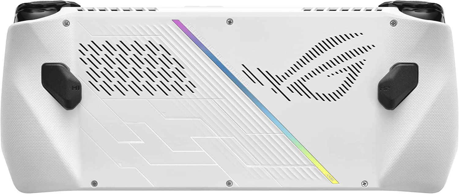 Vue arrière d'une console de jeu portable blanche avec des boutons et une marque.